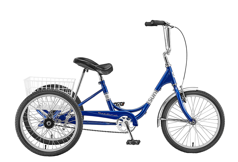 Blue tricycle with basket and large seat available for Key West rentals