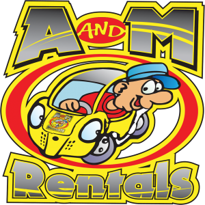 A and M Rentals Logo. Yellow, silver and red with a cartoon driving an electric car rental in the middle of Key West